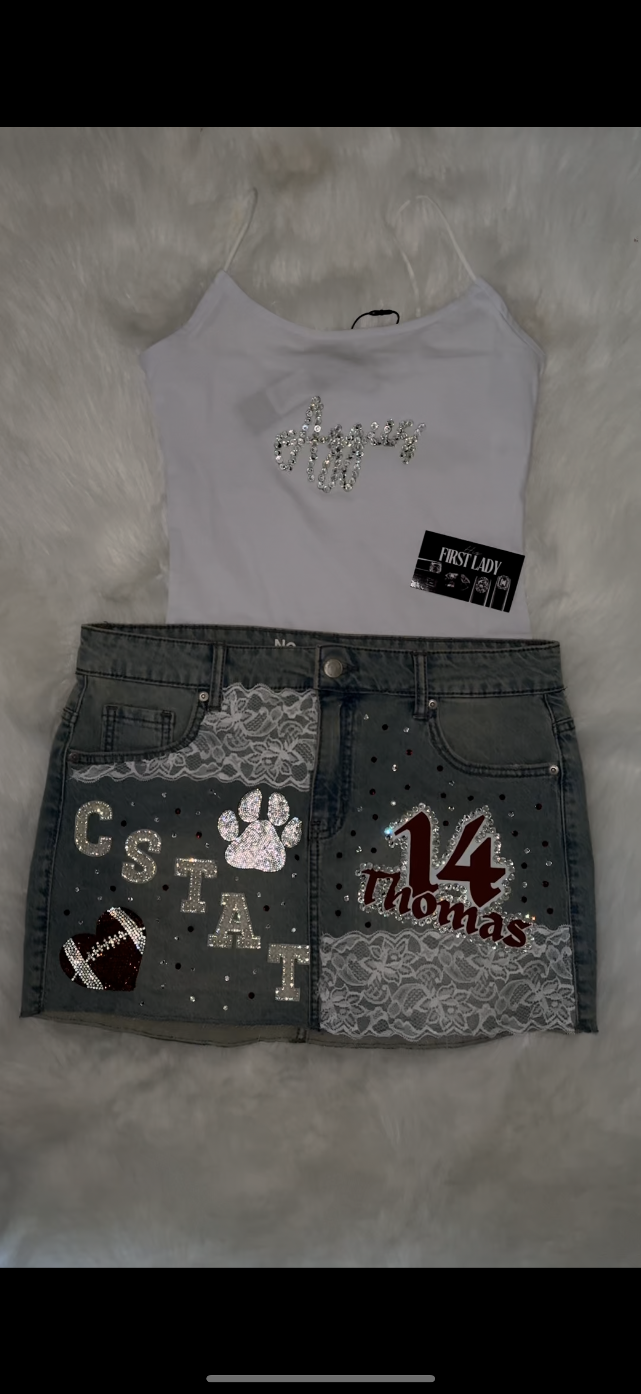 Signature T + Gameday Denim skirt